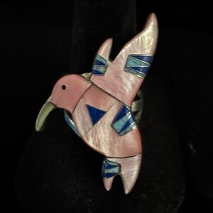 Native made Zuni Pink mother of Pearl & lapis,  turquoise  Hummingbird Bird Ring